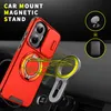 A red phone case with a magnetic ring stand is shown attached to a car mount on a car dashboard. Produktbild-Vorschau