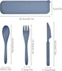 A flat lay image showing a set of blue reusable cutlery with a storage case and dimensions indicated by measurement lines and text. Produktbild-Vorschau