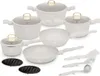 A collection of white cookware with gold accents, including pots, pans, and utensils, arranged on a white background. Produktbild-Vorschau