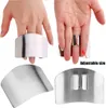 A collage of images showing stainless steel finger guards for kitchen use. Produktbild-Vorschau