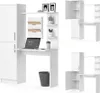 A white desk with shelves and storage compartments, featuring a laptop and a trash can. Produktbild-Vorschau