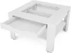 A white coffee table with an open drawer and a glass top insert. Produktbild-Vorschau