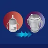 Two baby cups are shown, one with a straw and one with a spout, with arrows indicating a transition between them. The cups are placed within colored circles against a dark blue background. Produktbild-Vorschau