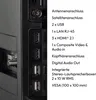 A close-up view of the back panel of a television, showing various ports and a list of features in German. Produktbild-Vorschau