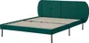 A dark green upholstered bed frame with a tufted headboard and wooden slats is shown against a white background. Produktbild-Vorschau
