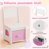A white wooden chair with a pink fabric storage drawer underneath, shown with close-up details and text overlays highlighting features. Produktbild-Vorschau