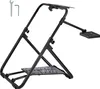 A black metal racing wheel stand is shown against a white background. It is a foldable stand with adjustable height and platforms for a steering wheel and pedals. Two wrenches are visible in the upper left corner. Anteprima dell’immagine prodotto