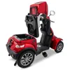 A red electric scooter with its storage compartments open, shown from a three-quarter rear angle on a white background. Produktbild-Vorschau