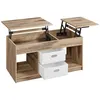A wooden coffee table with lift-top sections and two white storage bins. Produktbild-Vorschau