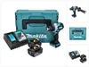 A collage of images showing a Makita cordless impact drill, batteries, charger, and storage case, along with close-ups of individual components. Produktbild-Vorschau