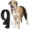 A dog wearing a black knee brace on its hind leg, with a separate knee brace shown to the left. Produktbild-Vorschau