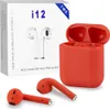 A product shot of i12 TWS earbuds and their charging case, along with the product packaging. Produktbild-Vorschau