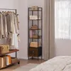 A bedroom scene with a clothing rack and a tall shelving unit next to a window with curtains. Produktbild-Vorschau
