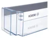 A close-up shot of a clear plastic refrigerator door shelf with the Bosch logo. Produktbild-Vorschau