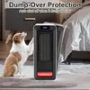 A dog is interacting with a white and black electric heater in a bedroom setting. Voir les images du produit