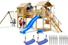 A wooden playground set with a slide, swings, and a small house, with children playing on it. Náhľad obrázku produktu