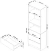 A technical drawing showing the dimensions of a bookshelf and a drawer. Produktbild-Vorschau