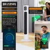Collage showing a white tower fan, a phone screen displaying a fan control app, and people interacting with smart home devices. Náhled obrázku produktu