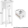 A white wooden nightstand with dimensions indicated by measurement lines and text. A separate image shows an open drawer with its dimensions. Produktbild-Vorschau