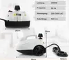 Two views of a white and black steam cleaner with dimensions indicated, alongside a table of technical specifications. Produktbild-Vorschau