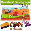 A construction-themed magnetic playset with various vehicles and building elements, displayed on a colorful background. Produktbild-Vorschau