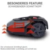 A robotic lawnmower is shown with graphical overlays highlighting its floating cutting head feature. Produktbild-Vorschau