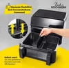 A hand is shown inserting a divider into a dual-chamber air fryer. Text overlays describe the product's features. Produktbild-Vorschau