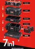 A collage of different toolboxes and organizers from the Qbrick System 7-in-1 set, displayed against a red background. Podgląd zdjęcia produktu