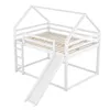 A white wooden loft bed with a house-shaped frame, a ladder, and a slide, shown against a white background. Produktbild-Vorschau