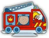 A cartoon illustration of a red fire truck with a child driver. Produktbild-Vorschau