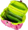 An open pink backpack with white stars, showing its internal compartments lined with bright green fabric. Náhled obrázku produktu