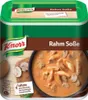 A product shot of a Knorr Rahm Soße (Cream Sauce) package, showing the packaging and a bowl of the prepared sauce with mushrooms and meat. Produktbild-Vorschau