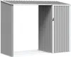 A grey metal outdoor storage shed with a sloped roof and a door on the right side. Produktbild-Vorschau