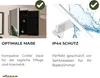 A split image showing a bathroom cabinet and a faucet with water splashing. Produktbild-Vorschau