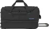 A black travel duffel bag with wheels and a retractable handle, shown from the side. Produktbild-Vorschau