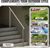 A metal handrail on outdoor stairs, with inset images showing different outdoor settings like a garden, hotel pool area, and terrace. Voir les images du produit