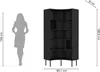 A silhouette of a person stands next to a black corner bookshelf, with dimensions indicated by lines and text. Produktbild-Vorschau