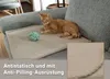 A ginger cat is lying on a beige blanket on a sofa, with a ball of yarn next to it. A close-up of the blanket's texture is shown in the bottom right corner. Produktbild-Vorschau