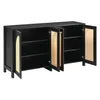 A black sideboard with cane doors, showing the inside shelves and open doors. Podgląd zdjęcia produktu