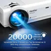 A close-up marketing image of a white projector with a blue light beam emanating from the lens, set against a dark, textured background. Text highlights product features and specifications. Produktbild-Vorschau
