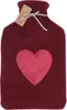 A burgundy hot water bottle with a pink heart applique, a tag attached to the neck, and a grey ribbon tie. Produktbild-Vorschau