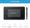 A digital drawing tablet and stylus are shown against a white background, with a blue banner at the top and icons at the bottom highlighting features. Produktbild-Vorschau