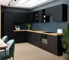 A modern, minimalist black kitchen with a wooden countertop and blue tiled backsplash. Produktbild-Vorschau