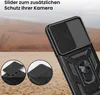 A black phone case with a camera slider and ring holder is shown against a desert-like background. Two circular insets show close-ups of the camera slider mechanism. Produktbild-Vorschau