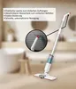 A spray mop with a water tank is shown in a bathroom setting. A close-up view highlights the mop's handle hanging on a pegboard. Produktbild-Vorschau