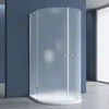 A frosted glass shower enclosure with a white base and silver handles, set against a dark blue wall and light gray floor. Produktbild-Vorschau