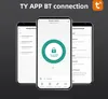 Three smartphones displaying a smart lock app interface against a dark gray background. Podgląd zdjęcia produktu