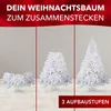 A triptych showing a white artificial Christmas tree in three stages of assembly. Produktbild-Vorschau
