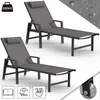 Two grey sun loungers are shown against a white background. The top lounger is slightly behind and to the right of the bottom lounger. A diagonal textured grey fabric with water droplets is visible in the top right corner. Small icons representing a book,  Produktbild-Vorschau