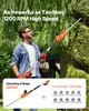 A man is using a long-reach hedge trimmer in a garden setting. The image includes marketing text and icons. Produktbild-Vorschau